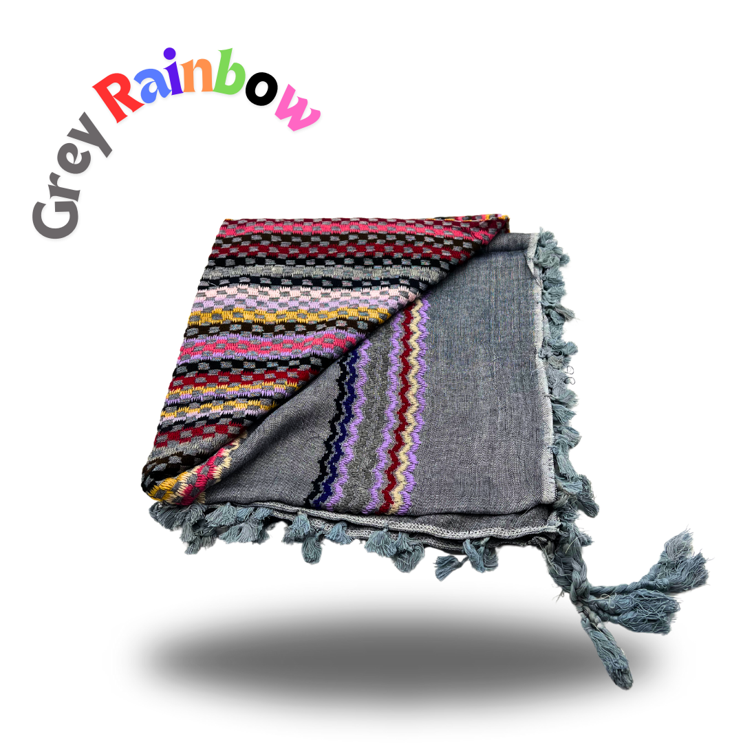 Grey Keffiyeh with Rainbow Stitching and Grey Tassels: