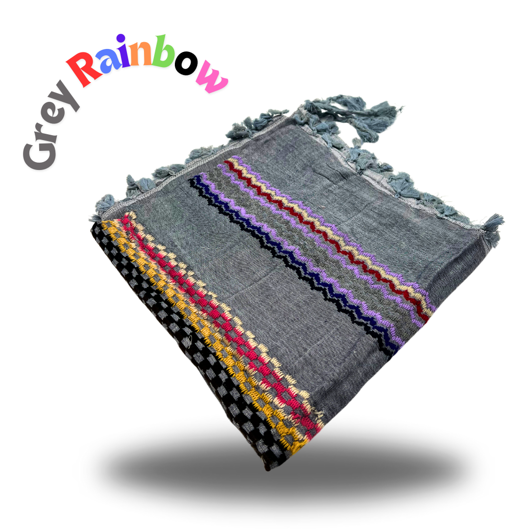 Grey Keffiyeh with Rainbow Stitching and Grey Tassels: