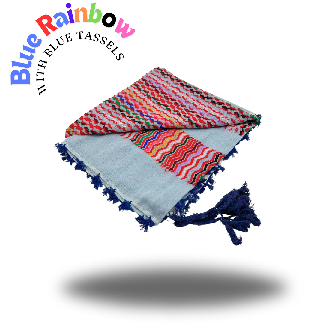 Blue Keffiyeh with Rainbow Stitching and Blue Tassels