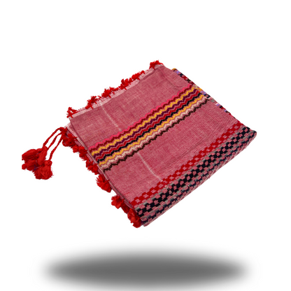 Red Keffiyeh with Rainbow Stitching and Bright Red Tassel