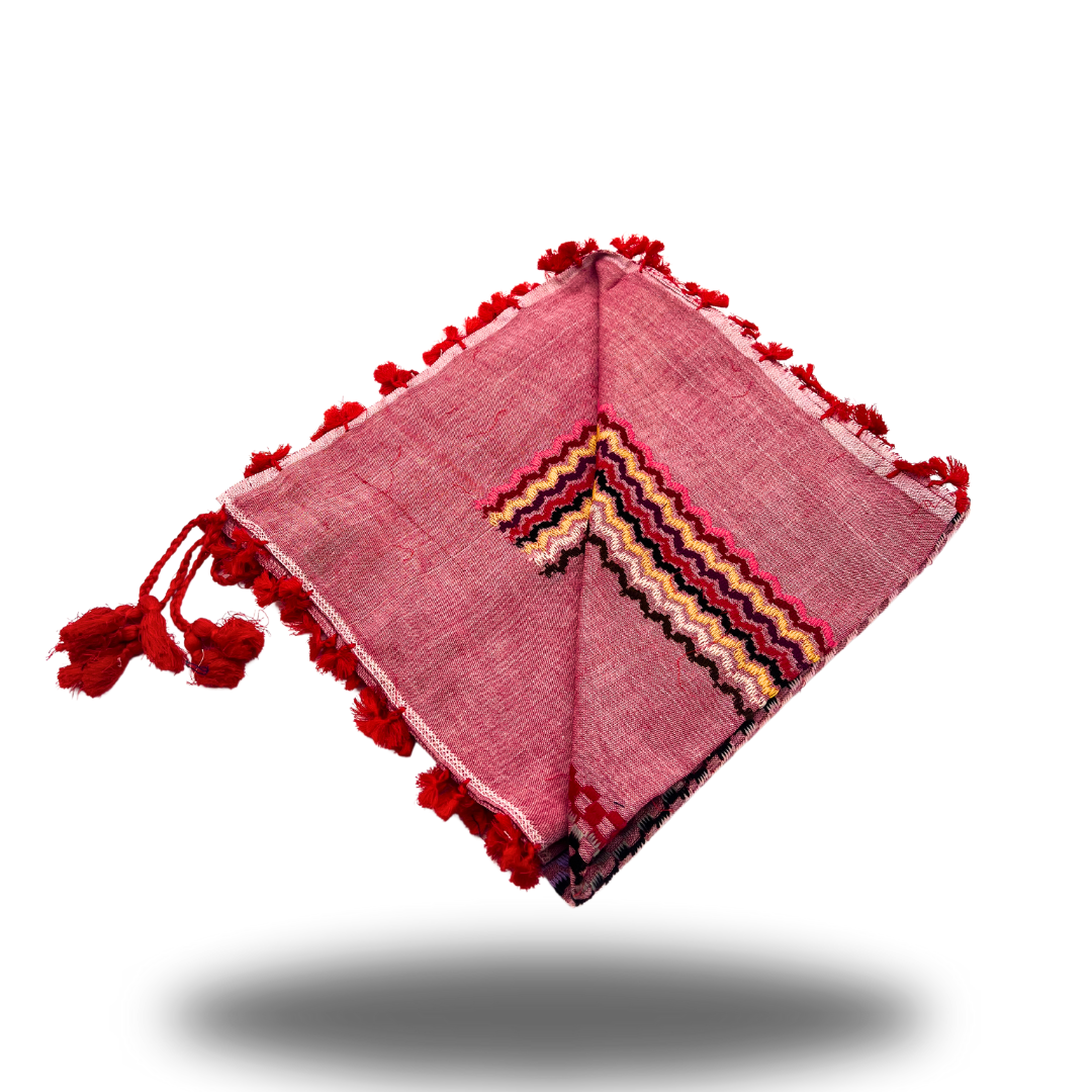 Red Keffiyeh with Rainbow Stitching and Bright Red Tassel