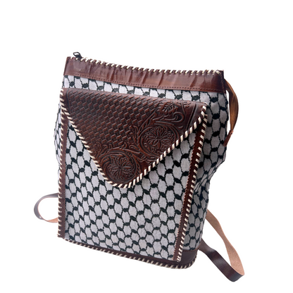 Keffiyeh Patterned Leather Backpack with Zipper