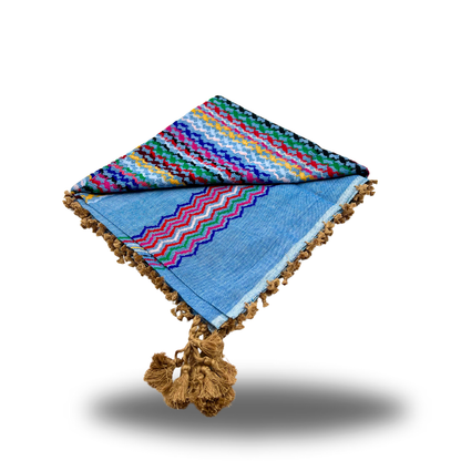 Blue Keffiyeh with Rainbow Stitching and Gold-Brown Tassels