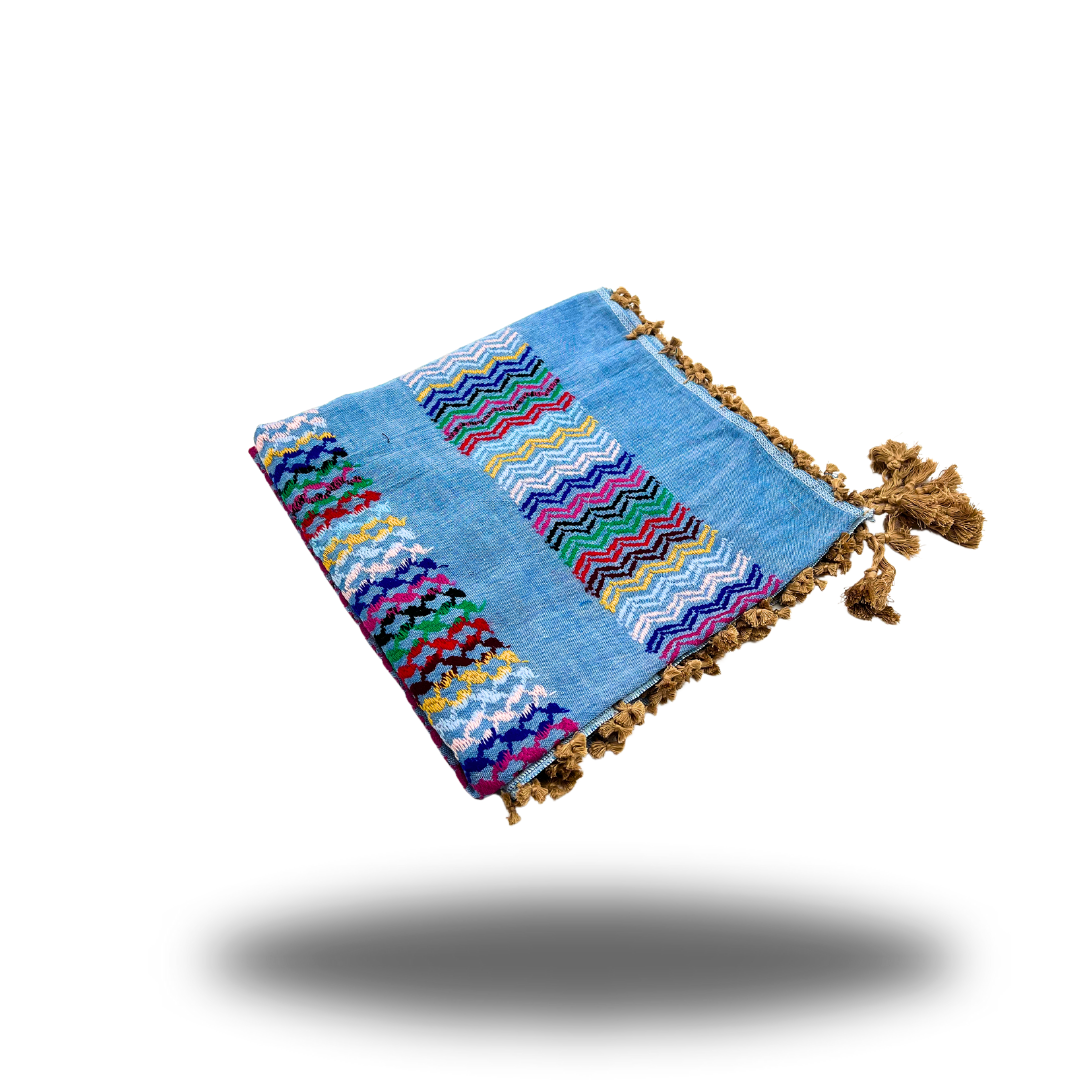 Blue Keffiyeh with Rainbow Stitching and Gold-Brown Tassels