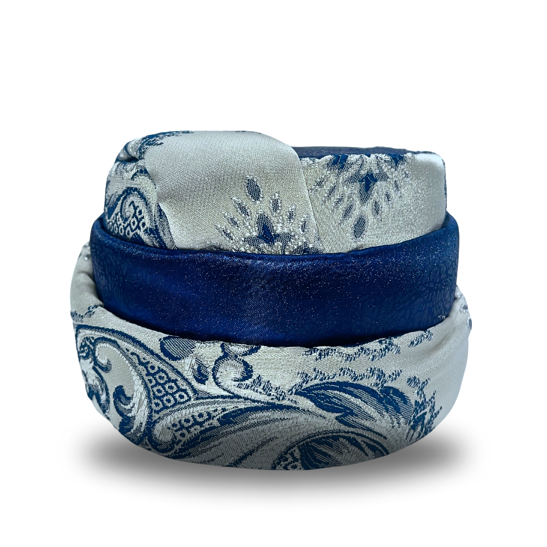 Elegant Blue and Silver Embellished Turban | Handcrafted Middle Eastern Headwear