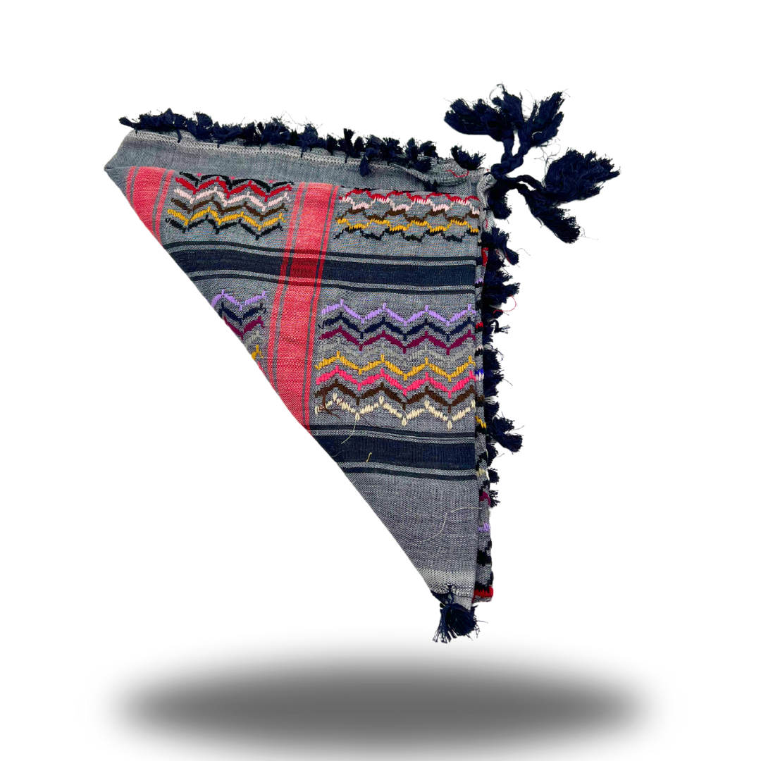 Grey Rainbow Palestinian styled Keffiyeh with Dark Blue Tassels