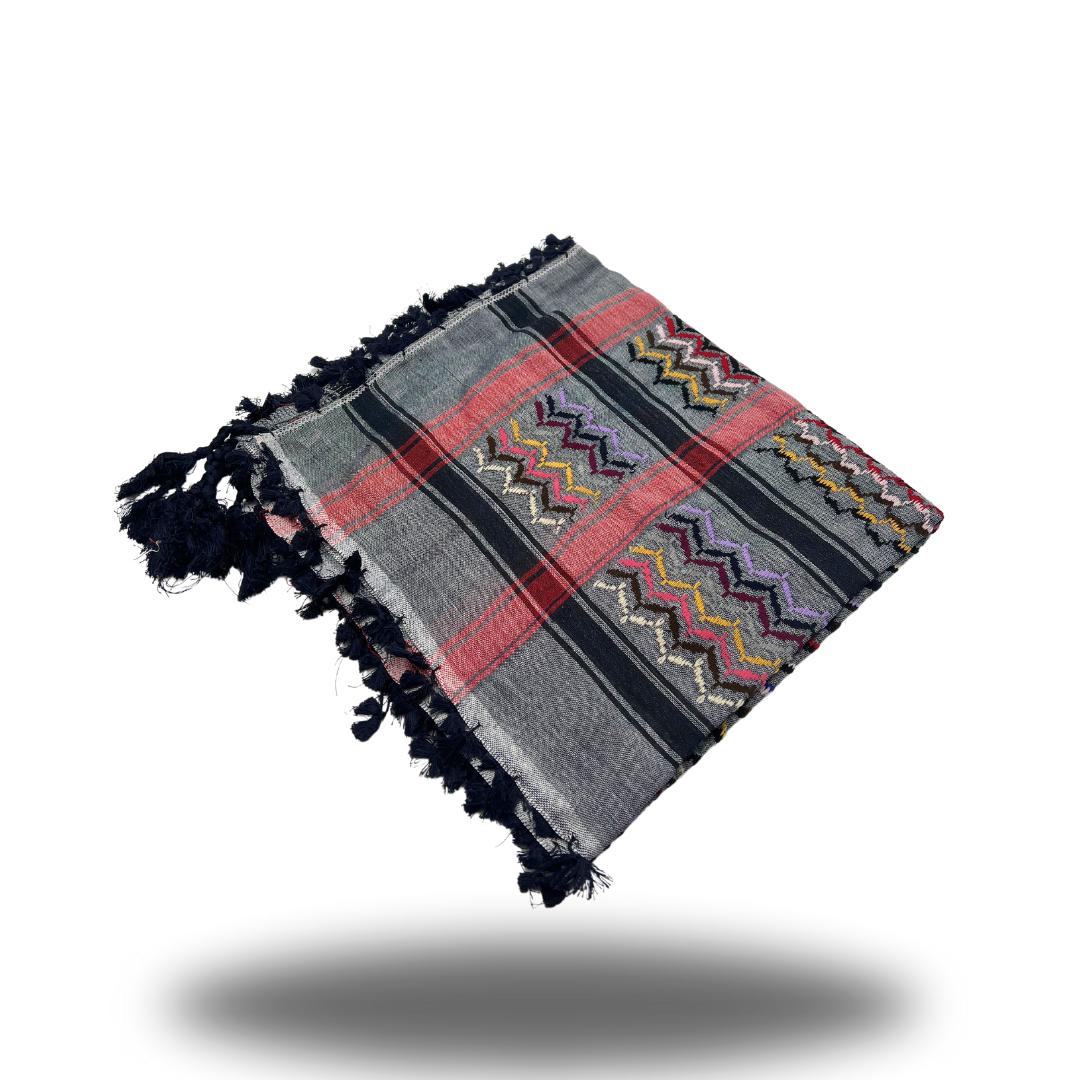 Grey Rainbow Palestinian styled Keffiyeh with Dark Blue Tassels