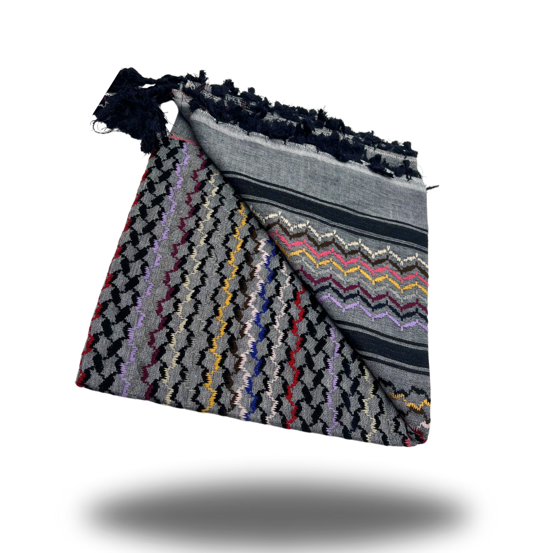 Grey Rainbow Palestinian styled Keffiyeh with Dark Blue Tassels