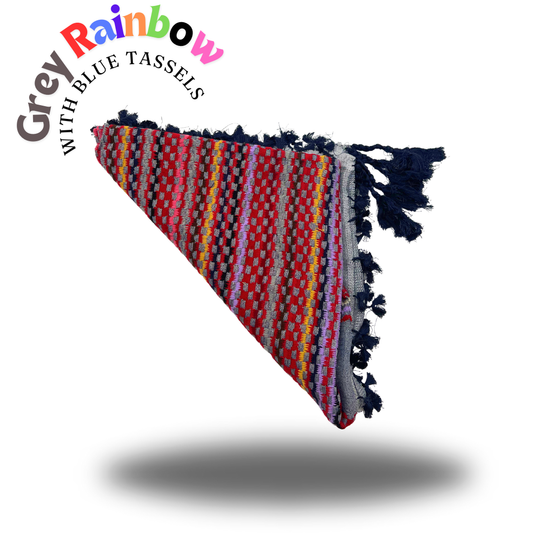 Grey Keffiyeh featuring Rainbow Patterns and Blue Tassels