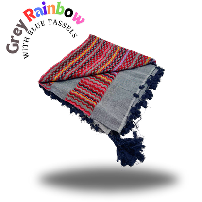 Grey Keffiyeh featuring Rainbow Patterns and Blue Tassels