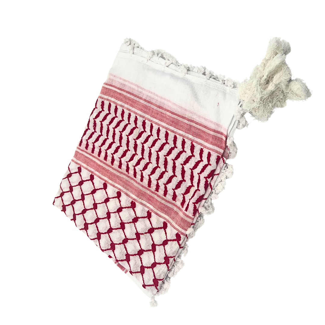 Authentic Cotton Palestinian Keffiyeh - Red and White classic with tassels